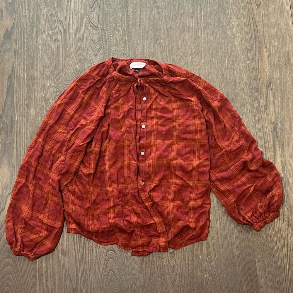 Universal Thread Red Orange Plaid Prarie Blouse Button Down Size M